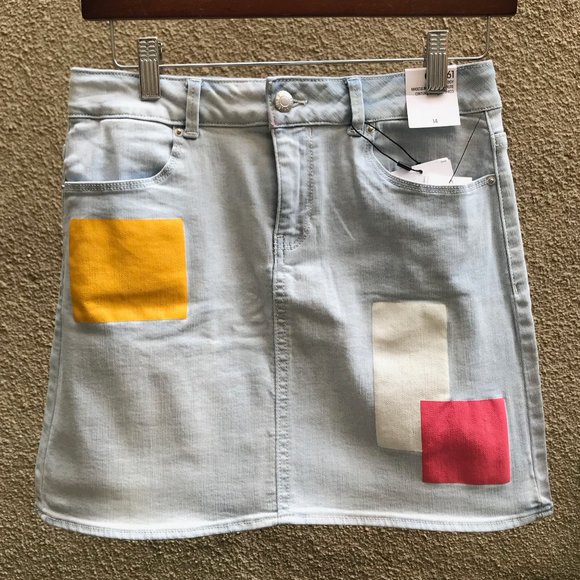 Calvin Klein Stretch Mini Denim Skirt in Light Wash & Colorblock Patchwork - Picture 1 of 7